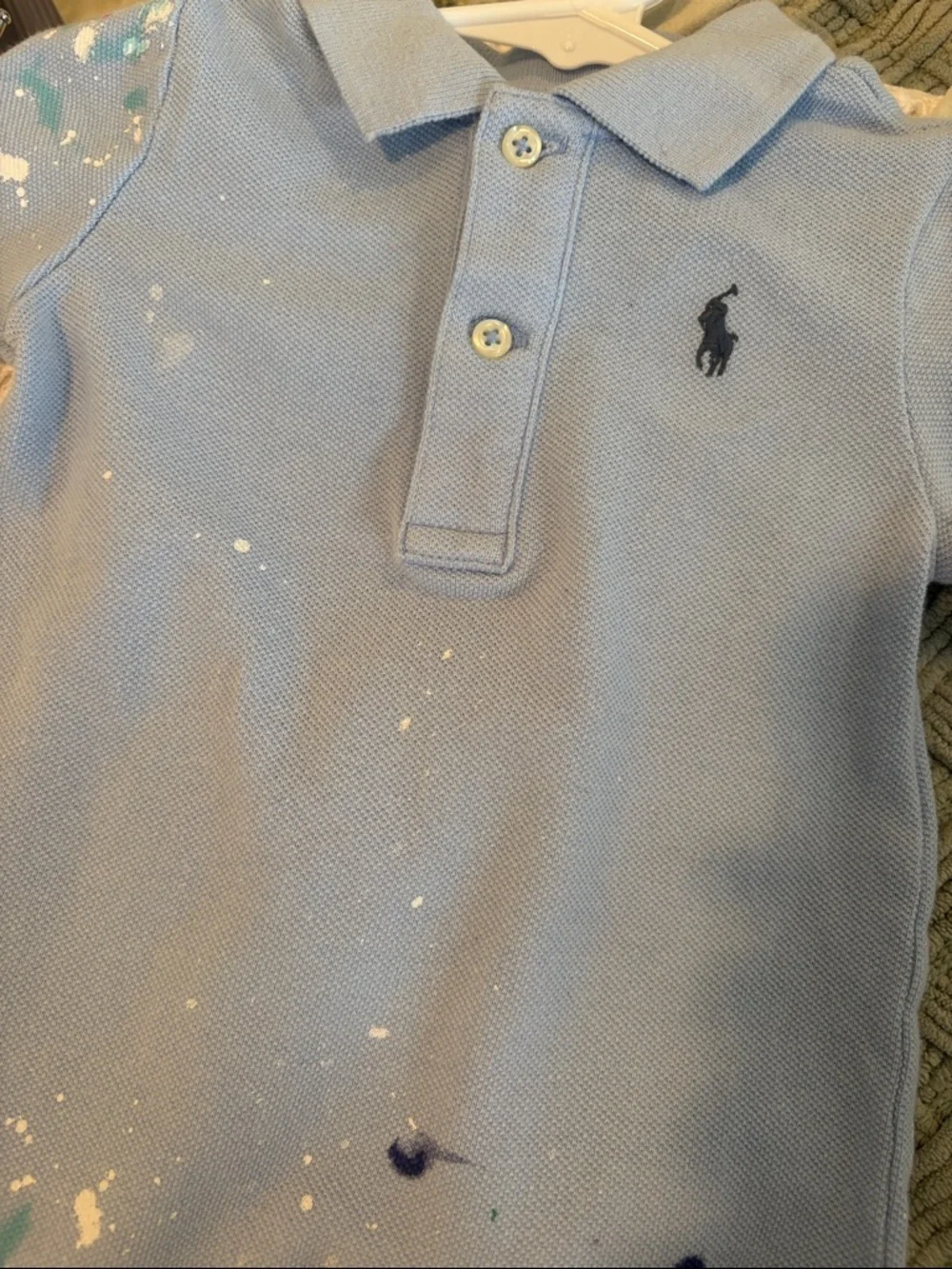 Ralph Lauren Blue Pique Polo Short Playsuit w/ Paint Splatter Design